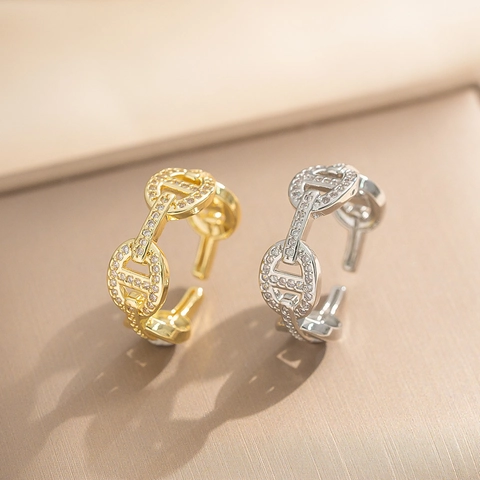 Copper Gold Plated Open Ring Sparkling Cubic Zirconia Anchor Chain Link Design Exquisite Adjustable Jewelry For Women