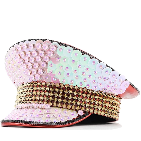 Cappello Da Capitano Militare Con Paillettes Rosa Borchie Dorate E Strass Per Feste Festival Burning Man Spettacolo