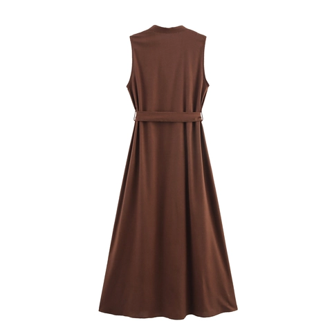 Women Sleeveless V Neck Maxi Dress Button Down High Waist With Belt Linen Like Polyester Streetwear Coffee Brown