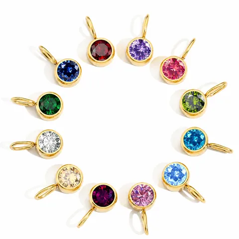 8mm Round Birthstone Pendant Stainless Steel Rhinestone Charm For DIY Jewelry Making Gold Silver Colors Birth Month Stone Pendant Only