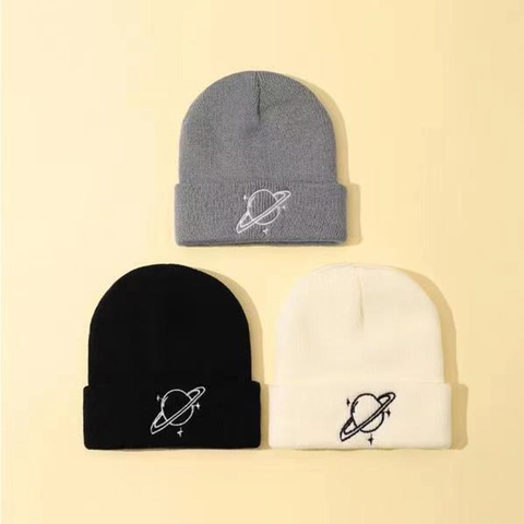 Acrylic Knitted Beanie Warm Winter Hat Saturn Planet Embroidery Casual Minimalist For Men And Women
