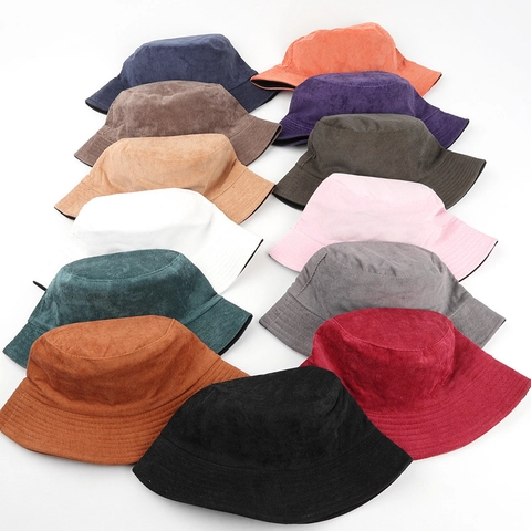 Cappello a Secchiello Reversibile in Velluto a Coste per Donna Uomo Tinta Unita Cima Piatta Protezione Solare Invernale