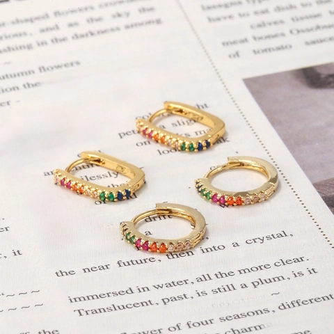 Colorful Zirconia Geometric Hoop Earrings For Women Gold Plated Brass Rainbow Crystal Buckle Fashion Minimalist Jewelry