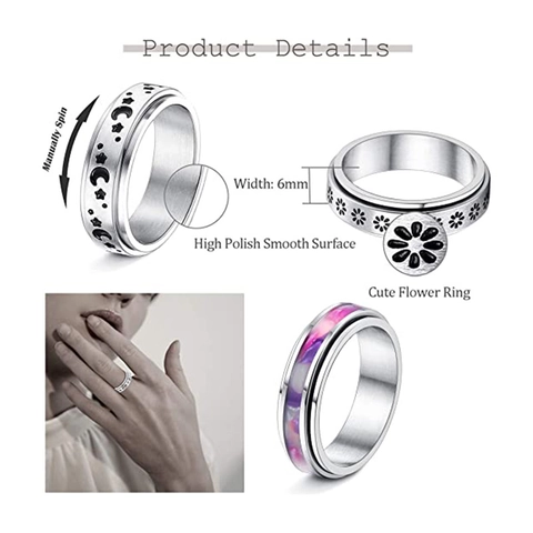 Anti Anxiety Spinner Ring Stainless Steel Daisy Sun Moon Star Celestial Rotating Fidget Jewelry For Unisex Women Men