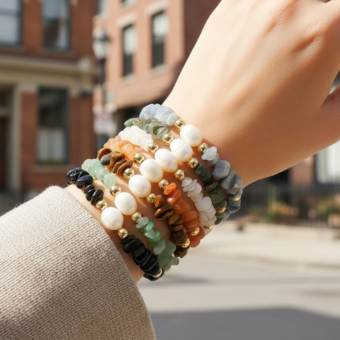 Handmade Bracelet Natural Stone Chip Freshwater Pearl Gold Plated Adjustable Bolo Clasp Boho Chic Jewelry For Women
