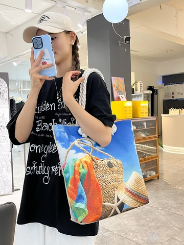 Bolso De Playa Mujer Lona Gran Capacidad Con Asa De Cuerda Impresión Paisaje 3D Vacaciones Verano Bolso De Hombro