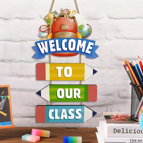 Panneau Bienvenue Classe En Bois Décoration Porte Rentrée Scolaire Motif Crayon Sac À Dos Décor Mural Rustique