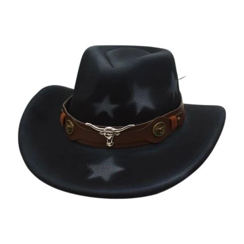 Western Cowboy Hat Polyester Felt Fedora With Faux Leather Band Metal Bull Head Ornament Star Print Retro Style Men Women
