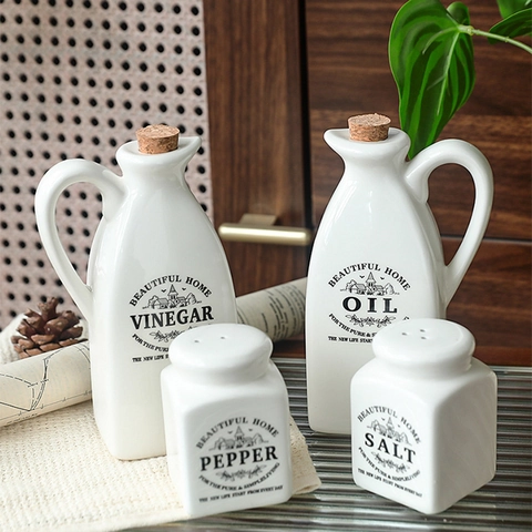 Oil Vinegar Bottles And Salt Pepper Shakers White Ceramic Kitchen Cooking Dining Storage Minimalist Vintage Nordic Home Decor