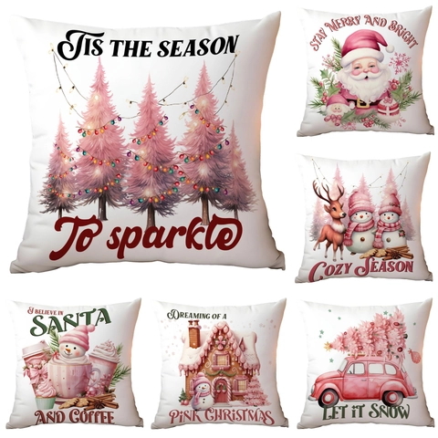 Christmas Throw Pillow Cover Soft Short Plush Pink Santa Snowman Reindeer Print Decorative Pillowcase Hidden Zipper Home Decor