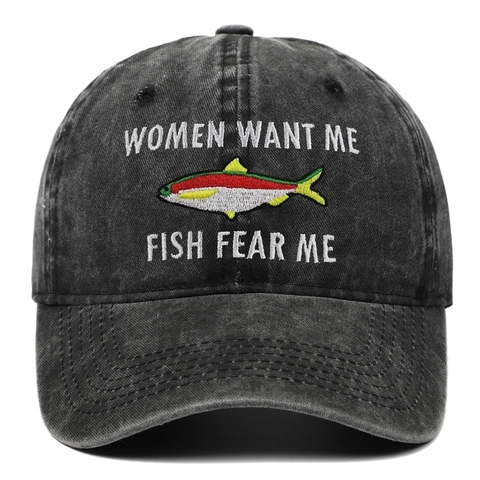Women Want Me Fish Fear Me Baseball Cap Gewaschene Baumwolle Vintage Angelhut Verstellbare Outdoor Dad Hat