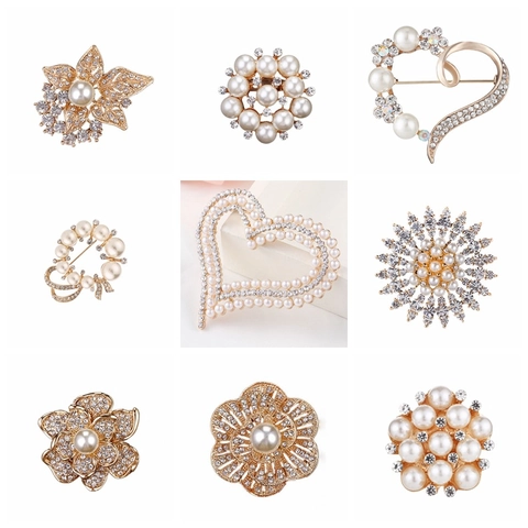 Spilla di Moda in Lega di Zinco per Donna Con Strass e Perla Artificiale Forma di Fiore Cuore Fiocco Spilla per Vestito Gioielli