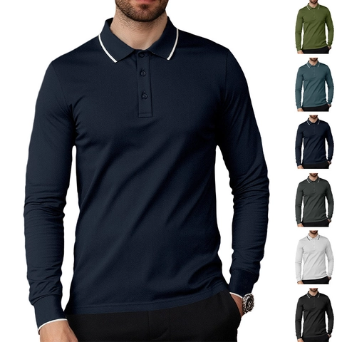 Men Long Sleeve Polo Shirt Polyester Breathable Business Casual Contrast Tipped Collar Three Button Placket Solid Color