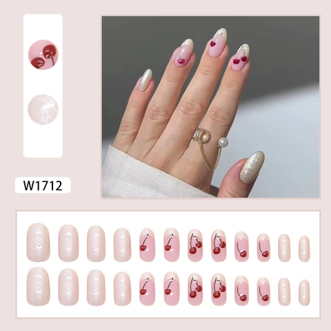 Uñas Postizas De Punta Francesa Textura De Satén Patrón De Cereza Blanco Perla Artificial Ovaladas Para Mujeres