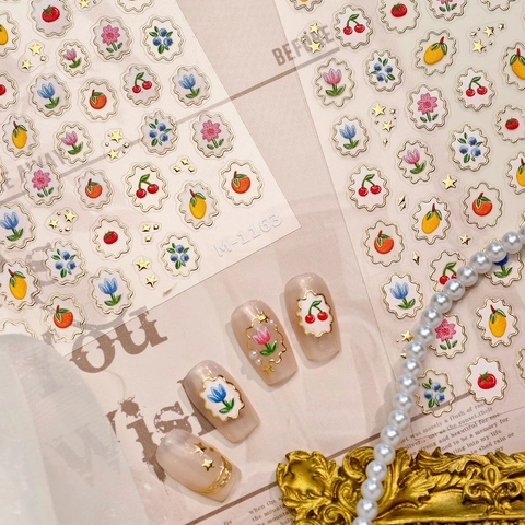 3D Relief Nail Stickers Self Adhesive Fruit Flower Cherry Tulip Lemon Gold Stamping Retro French Manicure Decor For Women