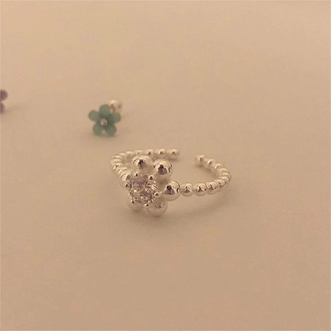 Anello Regolabile Aperto Fiore Argento Sterling 925 Fascia Con Perline Zirconia Stile Coreano Elegante
