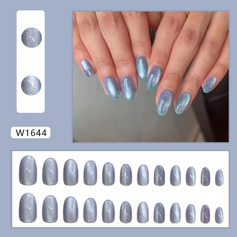 Press On Nails Cat Eye Magnetic Shimmer Water Blue Long Oval Shape Detachable False Nails Minimalist Women Manicure Art