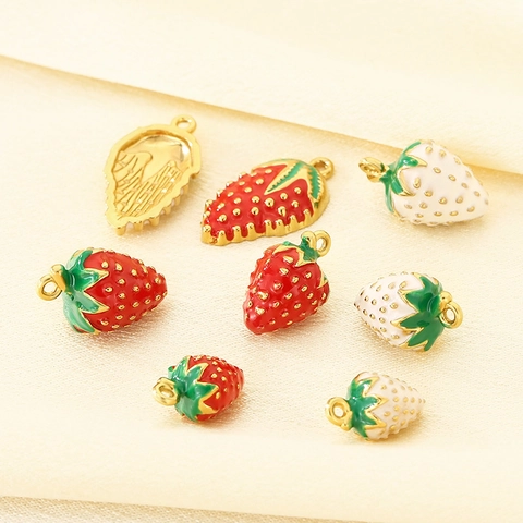 304 Acier Inoxydable Fraise Émail Pendants Breloques Fruits Pour Fabrication De Bijoux DIY Collier Bracelet Style Pastoral