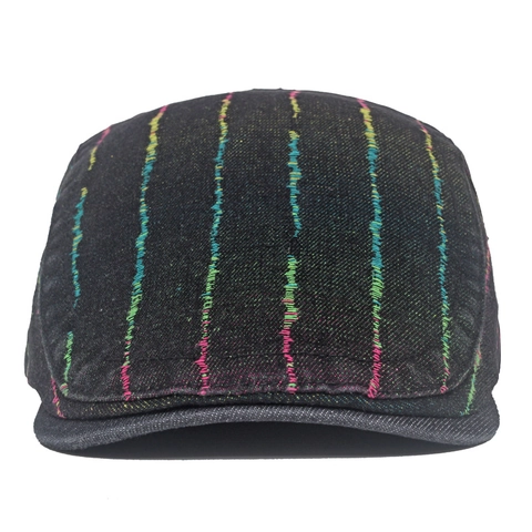 Berretto Ivy In Denim Ricamo Righe Arcobaleno Vintage Newsboy Cappello Regolabile Casual Flat Cap Outdoor
