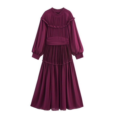 Elegante Vestido Largo Plisado De Manga Larga Para Mujer Gasa De Poliéster Cuello Alto Con Volantes Cintura Alta Color Sólido