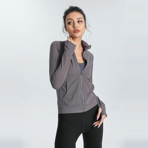 Chaqueta De Yoga Para Mujer Corte Entallado Cremallera Cuello Alzado Manga Larga Deporte Running Gym Fitness Top Con Orificios Para Pulgar