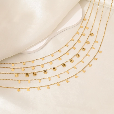 Collar De Pendiente De Acero Inoxidable Para Mujer Moda Geométrica Mariposa Flor Árbol De La Vida Cadena Clavícula Simple