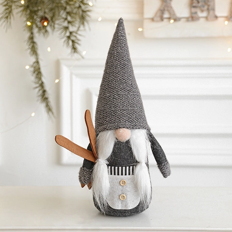 Christmas Gnome Plush Doll Handmade Nordic Faceless Tomte Ornaments With Wooden Skis For Home Table Fireplace Decor