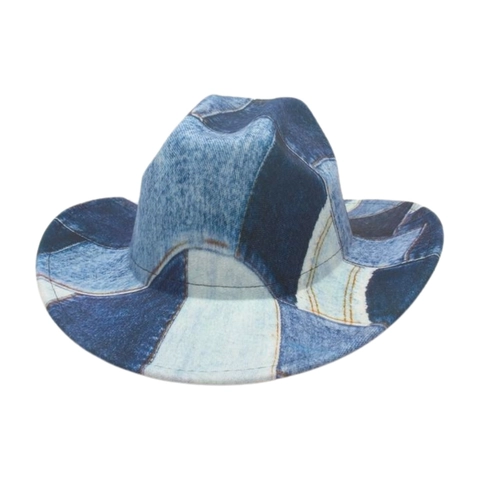 Retro Denim Patchwork Fedora Hat Wide Brim Western Cowboy Sun Protection Breathable Vintage Style For Travel Vacation