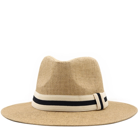 Straw Fedora Hat Summer Beach Sun Protection Breathable Jazz Style Wide Brim Paper Straw Hat With Striped Ribbon Band