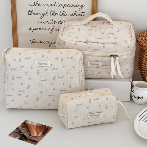 Borsa Per Trucco In Cotone Trapuntato Organizzatore Con Cerniera Simpatica Stampa Orso Conservazione Bellezza Viaggio Per Ragazze Donne