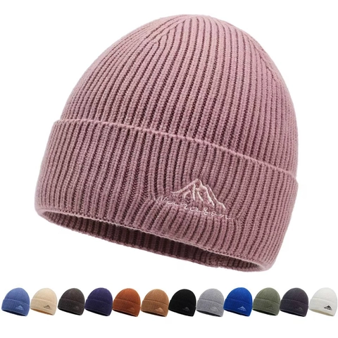 Outdoor Knitted Cotton Beanie With Mountain Embroidery Warm Ribbed Cuff Winter Hat For Men Women Streetwear Hip Hop