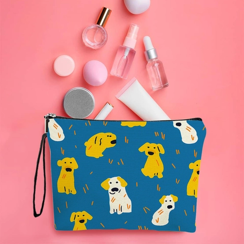 Tragbare Make-up-Tasche Aus Leinen Mit Cartoon-Hundemuster Kulturbeutel Mit Reißverschluss Niedliche Kosmetiktasche