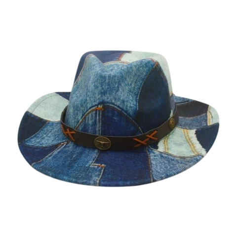 Cappello Fedora Western Cowboy Vintage Patchwork Denim Cotone Con Fascia In Pelle E Decorazione Testa Di Toro In Metallo