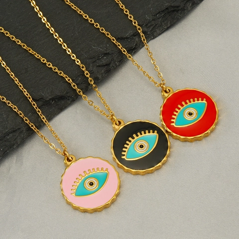Böser Blick Anhänger Halskette 18K Vergoldeter Edelstahl Emaille Bunter Runder Charme Trendy Modeschmuck Für Damen