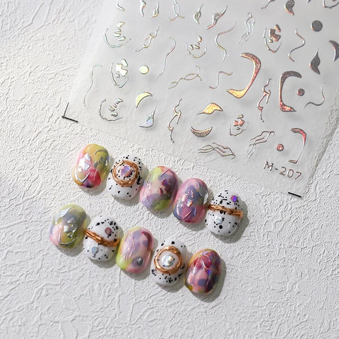 Nail Art Stickers 3D Embossed Adhesive Abstract Lines Moon Metallic Holographic For DIY Manicure Decoration