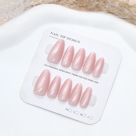 Faux Ongles à Presser Rose Œil de Chat Faits à la Main Mi-Long Forme d'Amande Amovibles pour Femmes Décor