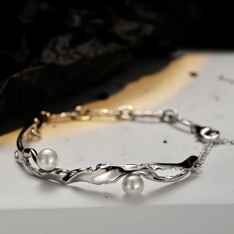 Pulsera de Plata de Ley 925 Metal Líquido Irregular Con Perla Artificial Estilo Coreano Joyería Minimalista para Mujer