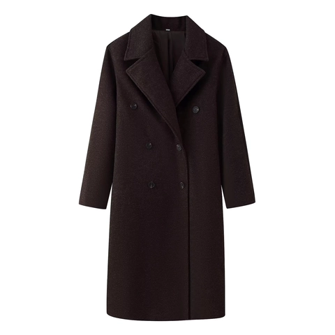 Women Double Breasted Woolen Blend Coat Notch Lapel Long Sleeve Mid Length Casual Elegant Solid Coffee Outerwear Jacket