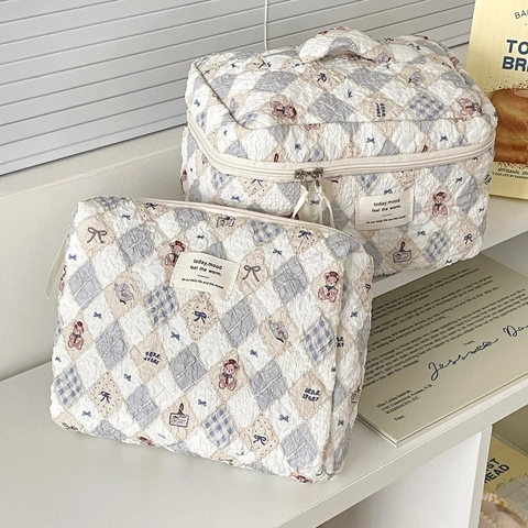 Borsa Da Toilette Trapuntata Orsetto Cartone Animato Motivo A Rombi Viaggio Organizzatore Trucco Portatile Grande Capacità