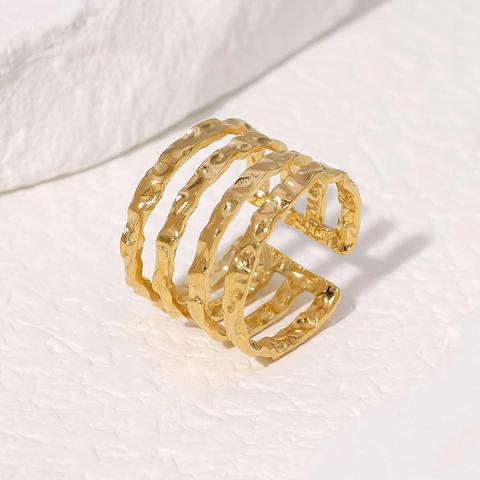 Anillo Abierto Multicapa De Acero Inoxidable Minimalista Ajustable Textura Martillada Irregular Onda Joyería De Moda Lujo Para Mujer
