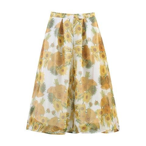Gonna Lunga Da Donna Con Stampa Girasoli Stile Pittura Ad Olio Organza Pieghettata Linea A Elegante Vintage