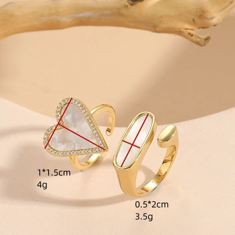 Elegant 14K Gold Plated Copper Zirconia Heart Shell Open Ring Adjustable Geometric Mother Of Pearl Women Jewelry Gift