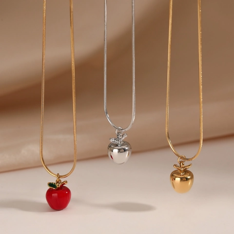 Collana Mela E Orecchini A Cerchio Acciaio Inossidabile Smalto Rosso Ciondolo Frutta Impermeabile Ipoallergenico Moda Donna