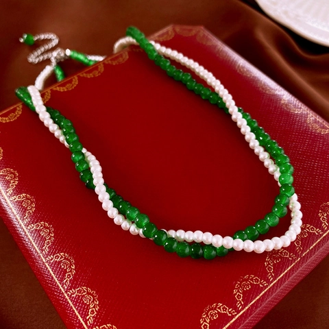 Layered Beaded Necklace Green Glass Beads White Imitation Artificial Pearl Vintage Clavicle Chain For Women Elegant Jewelry