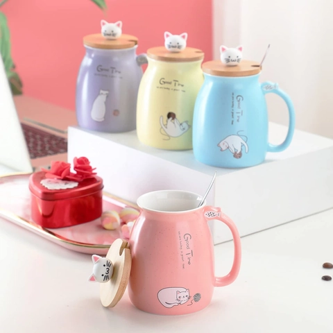 Cute Cartoon Cat Ceramic Mug With Wood Lid And Metal Spoon Coffee Milk Tea Cup Heat Resistant Office Home Gift