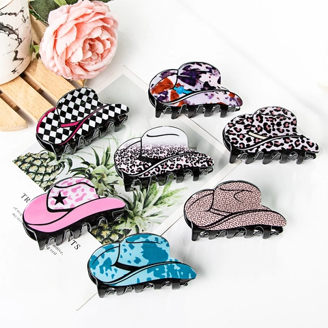 Mollette Per Capelli Cappello Da Cowboy Acrilico Maculato Scacchi Stelle Per Donne Stile Western Accessori