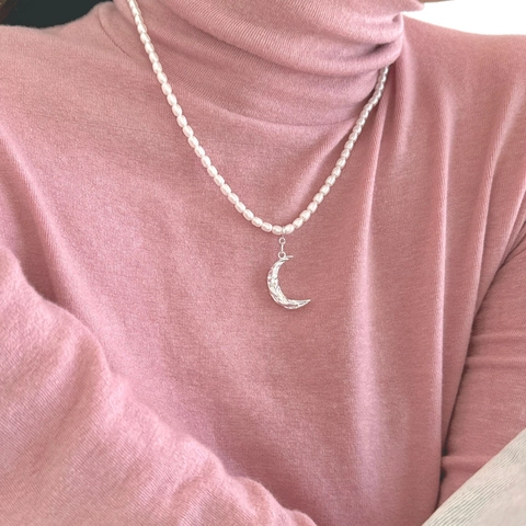 Ciondolo A Mezzaluna Collana Di Künstliche Perle Argento Sterling 925 Consistenza Martellata Stile Coreano Vintage Gioielli Eleganti Donne