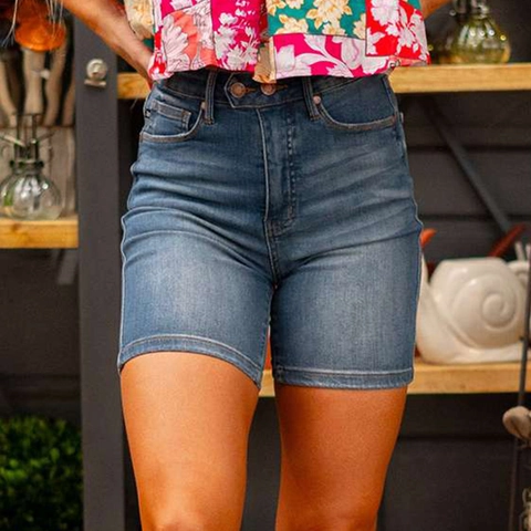 Women Denim Shorts High Waist Double Button Distressed Slim Fit Roll Up Hem Casual Summer Washed Blue Bottoms