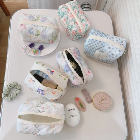 Borsa Per Trucco In Cotone Trapuntato Motivo Floreale A Quadretti Astuccio Da Viaggio Con Cerniera Organizer