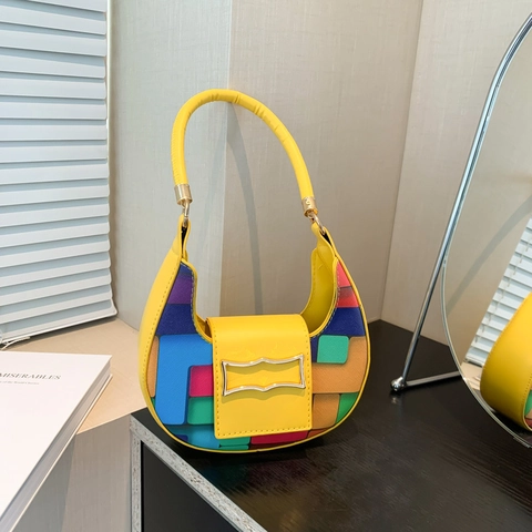 Bunte Patchwork Halbmond Unterarmtasche PU Leder Geometrisches Muster Trendy Hobo Schulterhandtasche